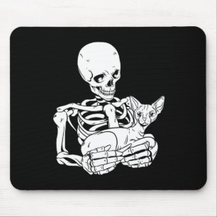 Skeleton Holding Cat Funny Halloween Skull Sphynx Mousepad