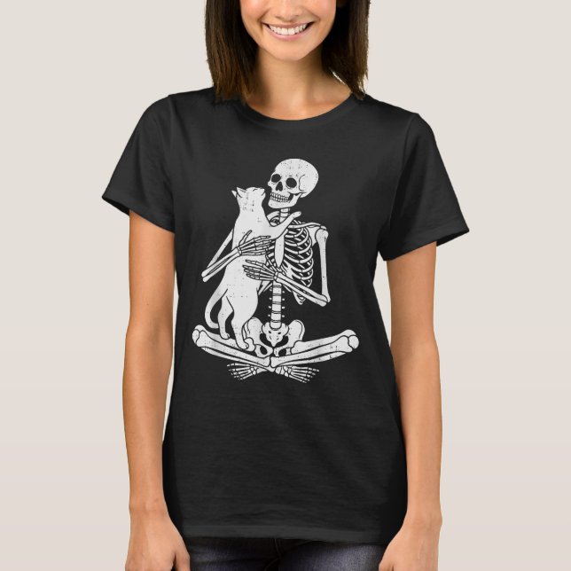 Skeleton Holding Cat Funny Soky Halloween Meow Kit T-Shirt (Vorderseite)