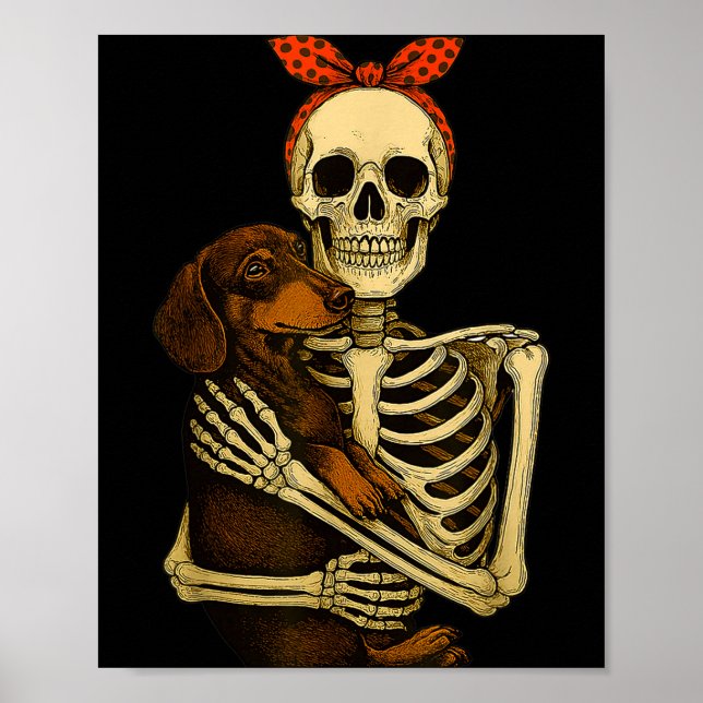 Skeleton Holding Dachshund Dog Funny Lazy Hallowee Poster (Vorne)