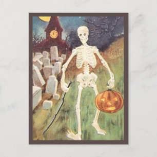 Skeleton Holding Pumpkin - Vintages Halloween Postkarte