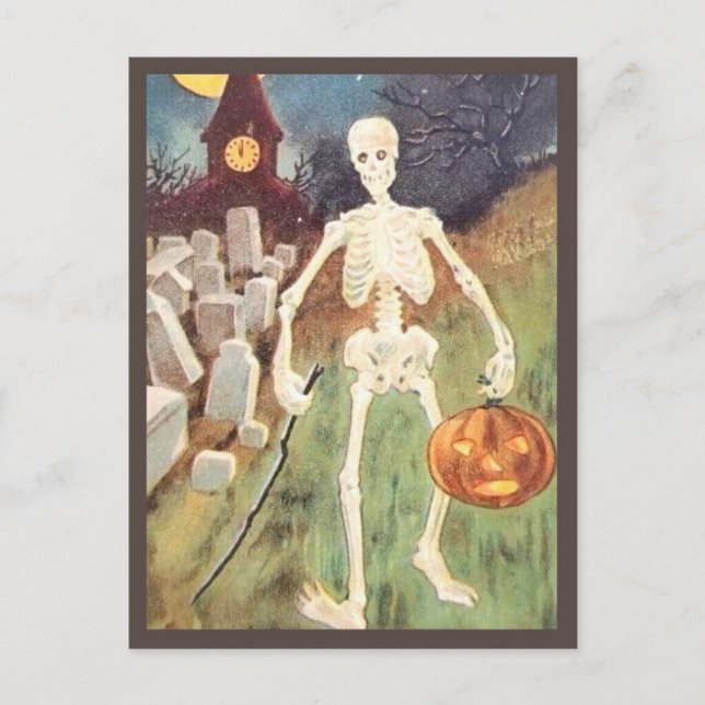 Skeleton Holding Pumpkin - Vintages Halloween Postkarte (Vorderseite)
