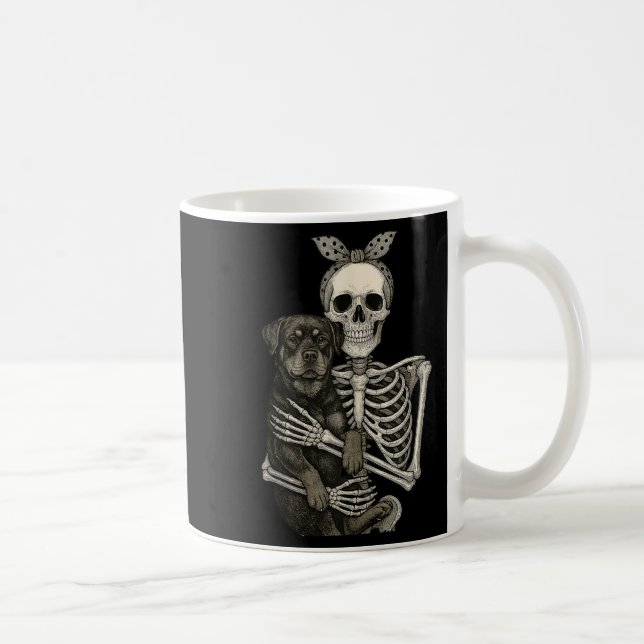 Skeleton Holding Rottweiler Dog Funny Lazy Hallowe Kaffeetasse (Rechts)