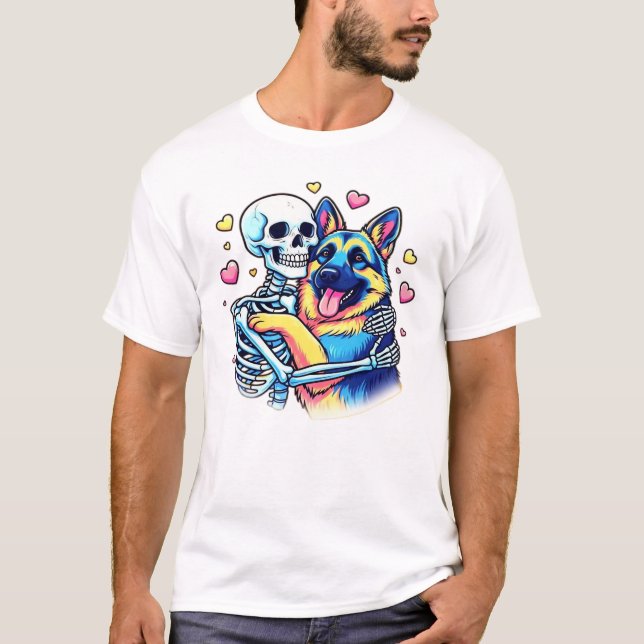 Skeleton Hugging a German Shepherd � Unique Gothic T-Shirt (Vorderseite)