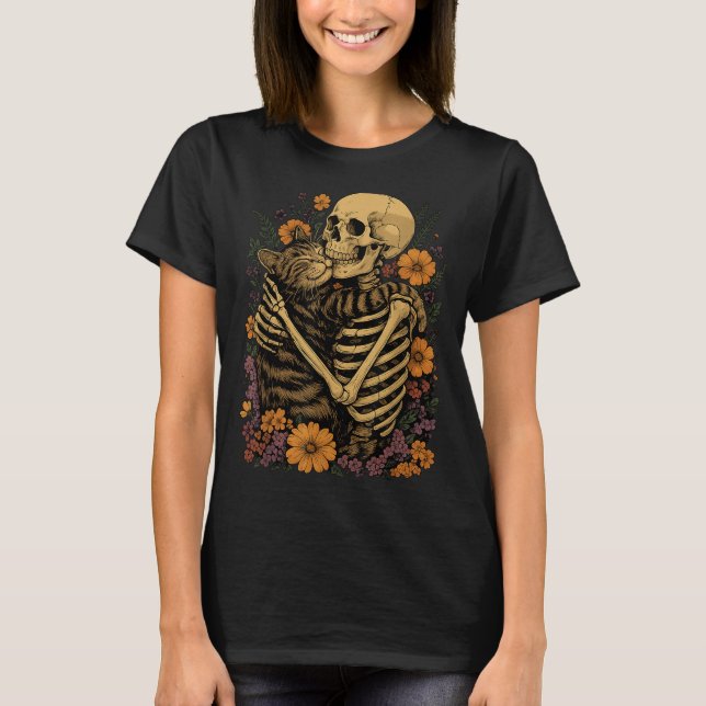 Skeleton Hugging Cat Floral Halloween Cats Lover  T-Shirt (Vorderseite)