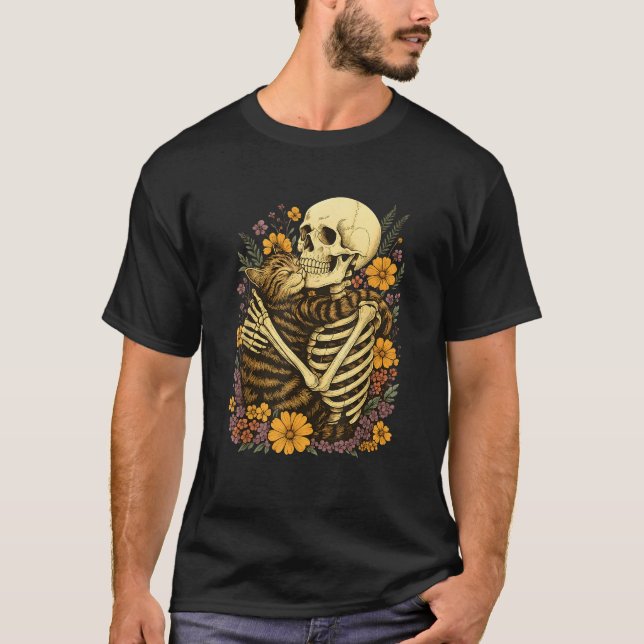 Skeleton Hugging Cat Floral Halloween Creepy Cute  T-Shirt (Vorderseite)