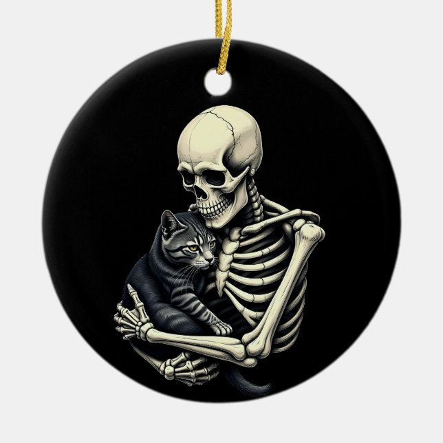 Skeleton Hugging Cat Funny Halloween Cat Lover Keramik Ornament (Vorne)