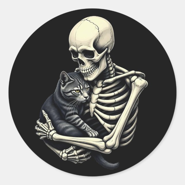 Skeleton Hugging Cat Funny Halloween Cat Lover Runder Aufkleber (Vorderseite)