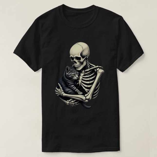 Skeleton Hugging Cat Funny Halloween Cat Lover T-Shirt (Design vorne)