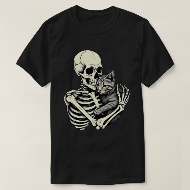Skeleton Hugging Cat Funny Halloween Cat Lover T-Shirt (Design vorne)