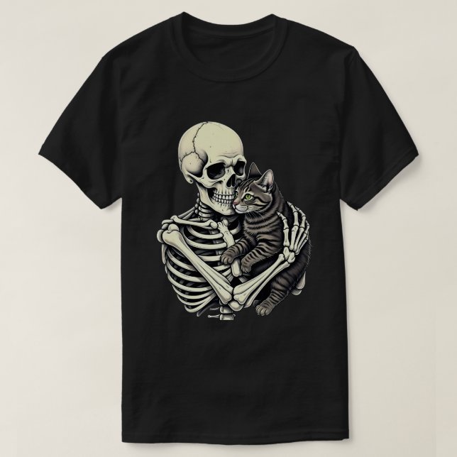 Skeleton Hugging Cat Funny Halloween Cat Lover T-Shirt (Design vorne)