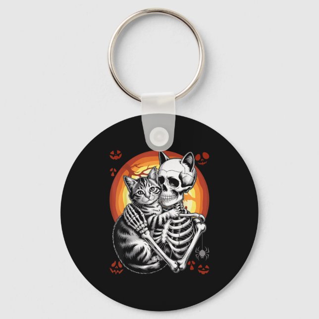 Skeleton Hugging Cat Lover Halloween Funny Apparel Schlüsselanhänger (Vorderseite)
