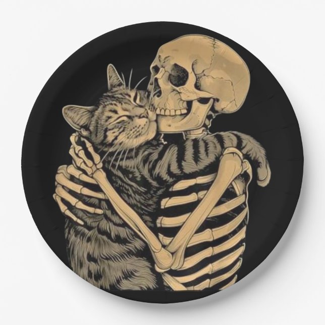 Skeleton Hugging Cat - Niedliches Gothic Cat Lover Pappteller (Vorderseite)