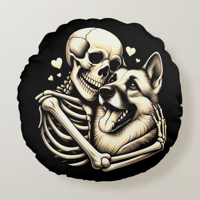Skeleton Hugging Dog Halloween German Shepherd Rundes Kissen (Vorderseite)