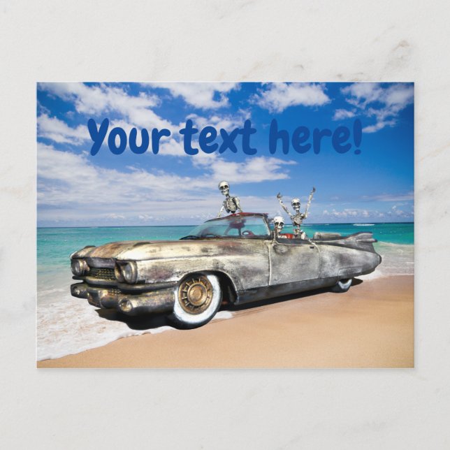 Skeleton Joyride Old Car on Beach Funny Postkarte (Vorderseite)