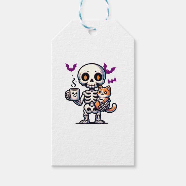 Skeleton Katze und Kaffee spooky Vater und Mutter  Geschenkanhänger (Vorderseite)