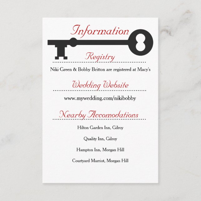 Skeleton Key Wedding Information Card Begleitkarte (Vorderseite)