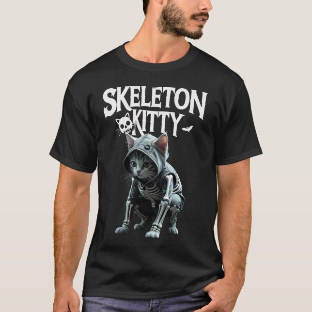 Skeleton Kitty T - Shirt: Spooky Halloween Cat Lov T-Shirt (Vorderseite)