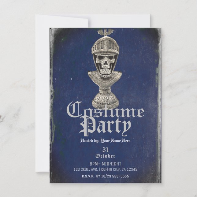 Skeleton Knight Blue Halloween Skull Kostüm Party Einladung (Vorderseite)