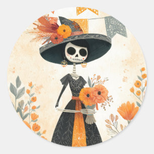 Skeleton Lady La Catrina Tag der Toten Runder Aufkleber