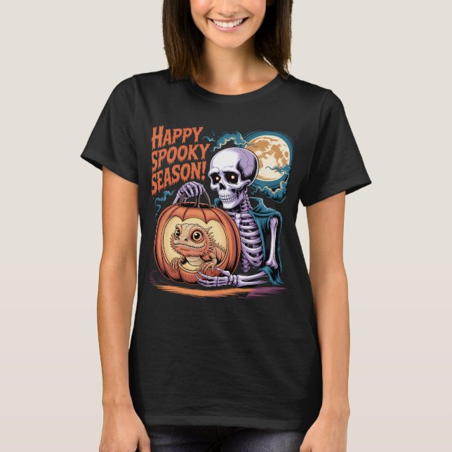 Skeleton & Lizard Pumpkin Halloween Art T-Shirt (Vorderseite)