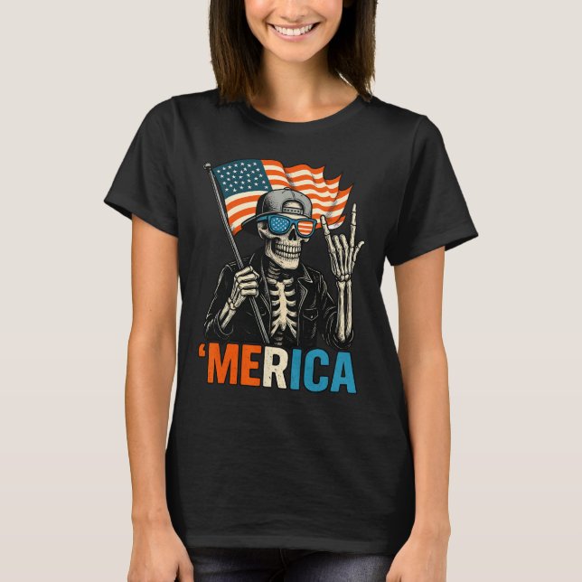 Skeleton Merica Rock American Flag Patriotic Usa 4 T-Shirt (Vorderseite)