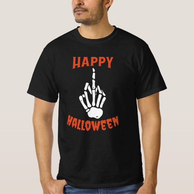 Skeleton Middle Finger Happy Halloween T-Shirt (Vorderseite)