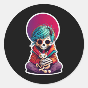 Skeleton mit einem katzenartigen Shirt, ein katzen Runder Aufkleber