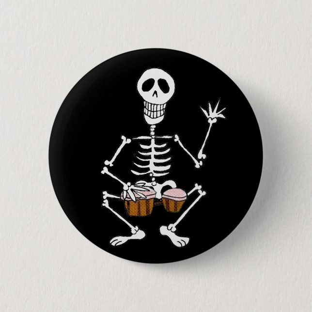Skeleton Musician Drummer auf Bongo Drums Button (Vorderseite)