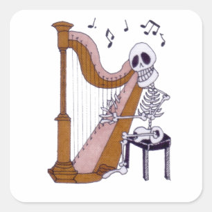 Skeleton Musician Skeleton Harp Player Harpist Quadratischer Aufkleber