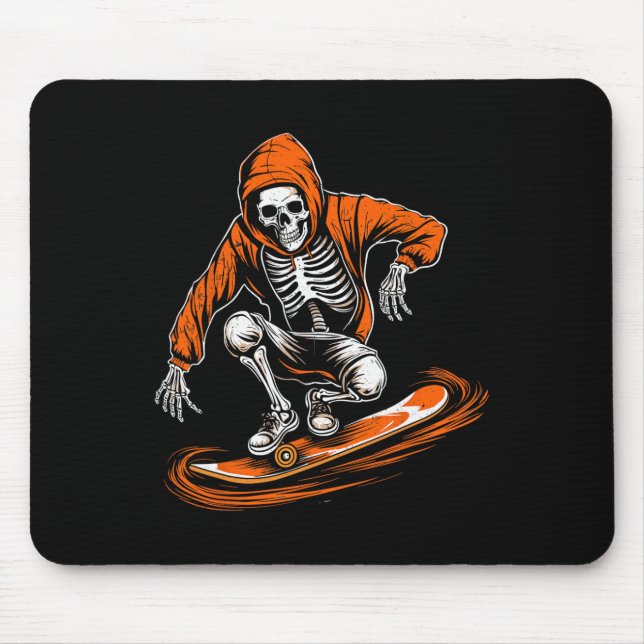 Skeleton Orange Hat Skater mit Skateboard Hallowag Mousepad (Vorne)