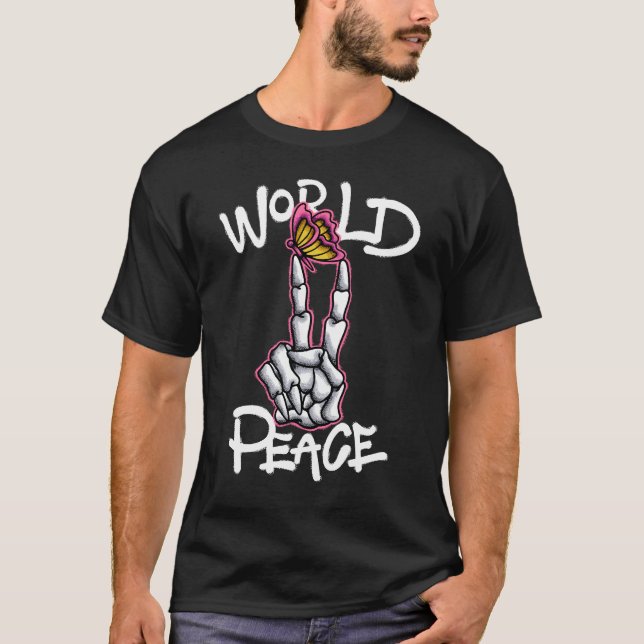 Skeleton Peace Sign with Butterfly streetwear  T-Shirt (Vorderseite)