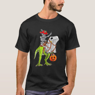 Skeleton Pirate Riding Skeleton Dinosaur Halloween T-Shirt