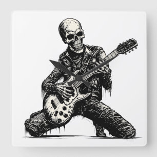 skeleton playing an electric guitar quadratische wanduhr