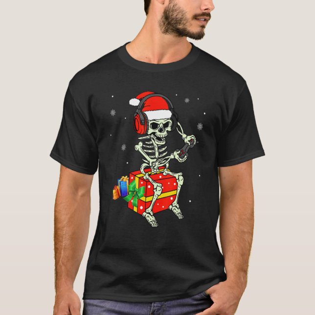 Skeleton Playing Game Christmas Pajaman For Men Bo T-Shirt (Vorderseite)