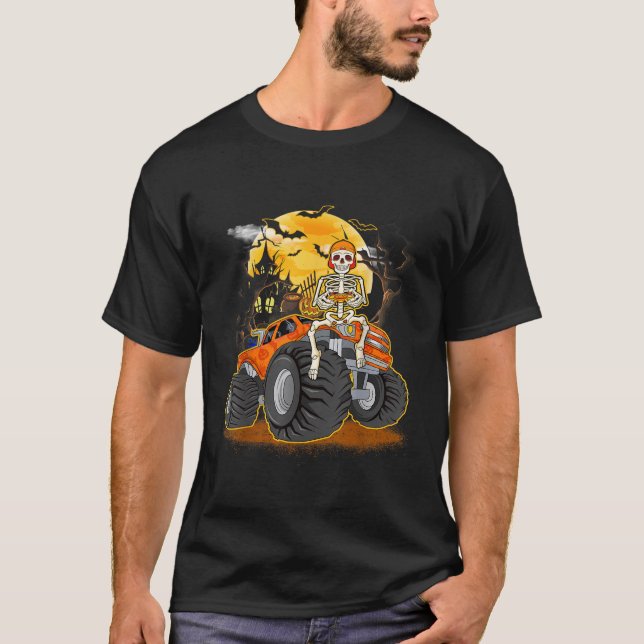 Skeleton Playing Game Funny Monster Truck Hallowee T-Shirt (Vorderseite)
