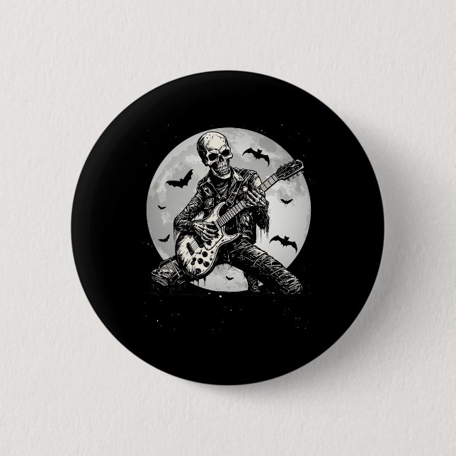 Skeleton Playing Gitarre Punk Rock Musik Halloween Button (Vorderseite)