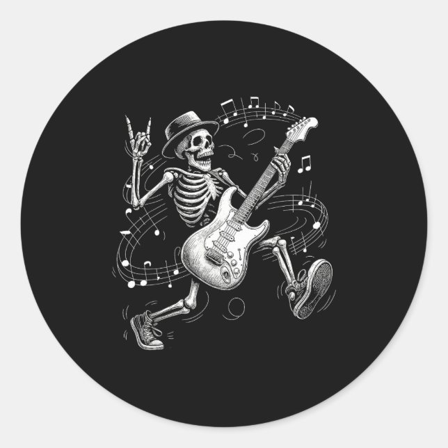 Skeleton Playing Guitar Music For Men Women Rock B Runder Aufkleber (Vorderseite)