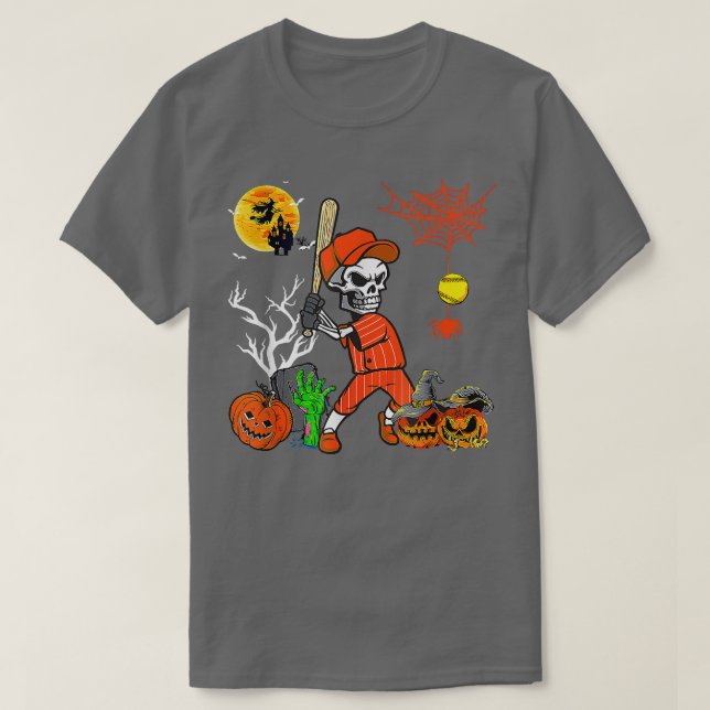 Skeleton Playing Softball Pumpkin Player Lover Hal T-Shirt (Design vorne)