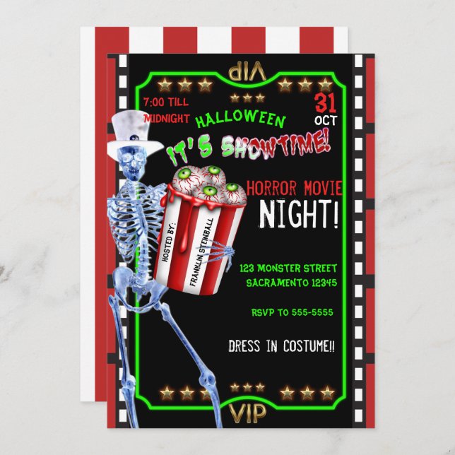 Skeleton Popcorn Eyeballs Halloween Movie Night Einladung (Vorne/Hinten)