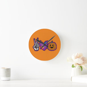 Skeleton Pumpkin Peace Liebe Halloween Runde Wanduhr