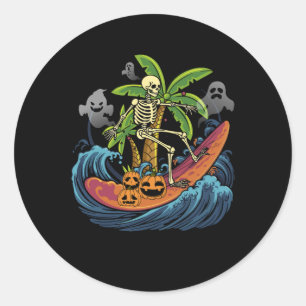Skeleton Pumpkin Surfing Halloween Hawaii Hawaiian Runder Aufkleber