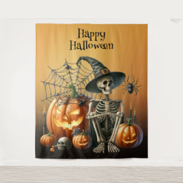 Skeleton Pumpkins Halloween Background Wandteppich