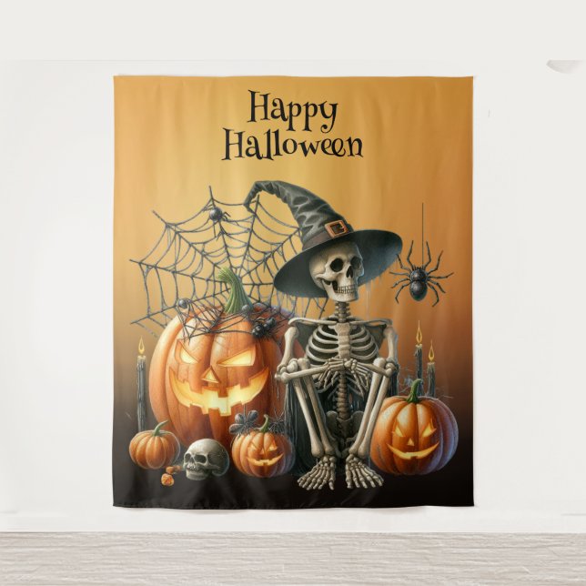 Skeleton Pumpkins Halloween Background Wandteppich (Vorderseite)