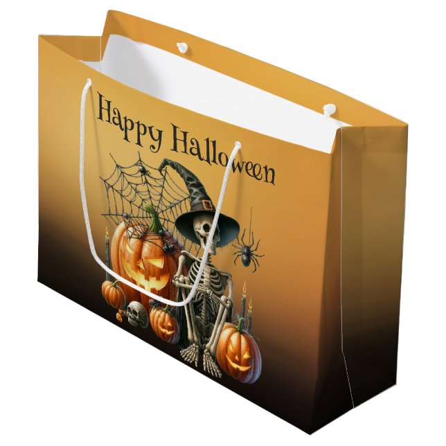 Skeleton Pumpkins Halloween-Geschenktasche Große Geschenktüte (Vorderseite Schrägansicht)