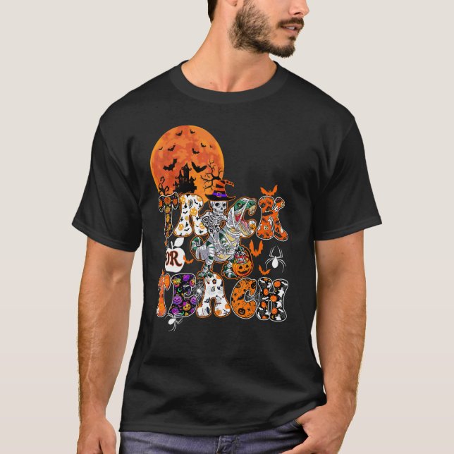 Skeleton Reiten Dino Trick oder Teach Funny Hallow T-Shirt (Vorderseite)