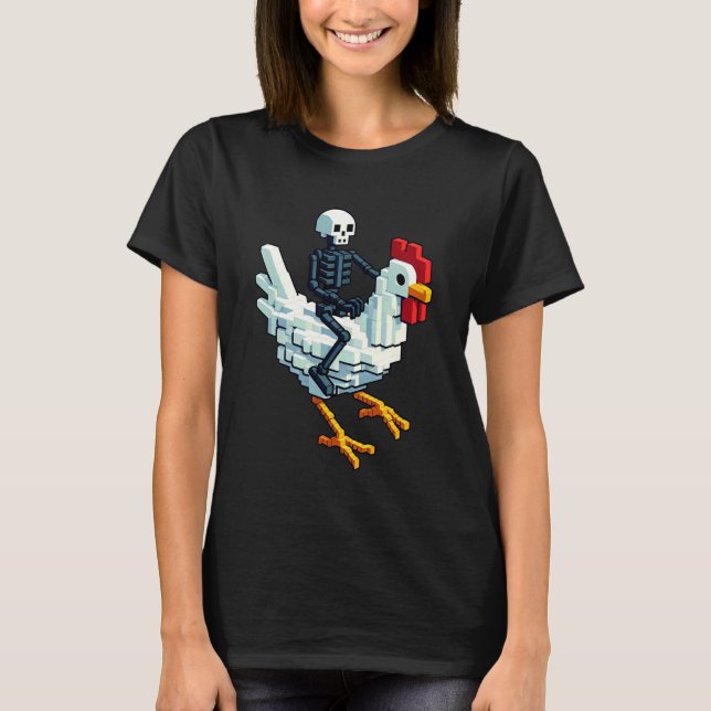 Skeleton-Reitendes-Hühner-Block-Style-Pixel-Art-Ga T-Shirt (Vorderseite)