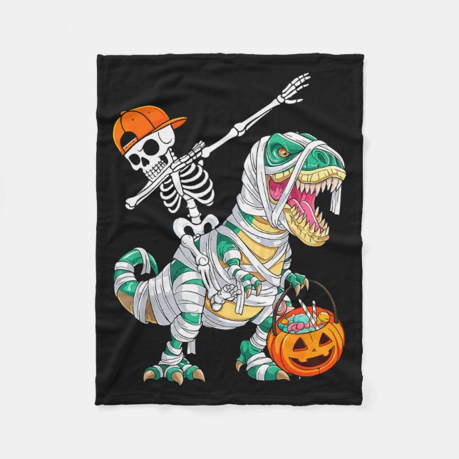 Skeleton Riding Dancing Dab Dinosaur T Rex Hallowe Fleecedecke (Vorderseite)