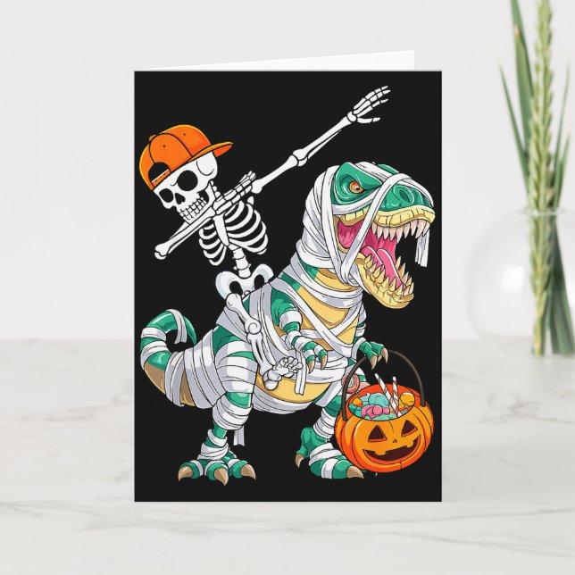 Skeleton Riding Dancing Dab Dinosaur T Rex Hallowe Karte (Vorderseite)