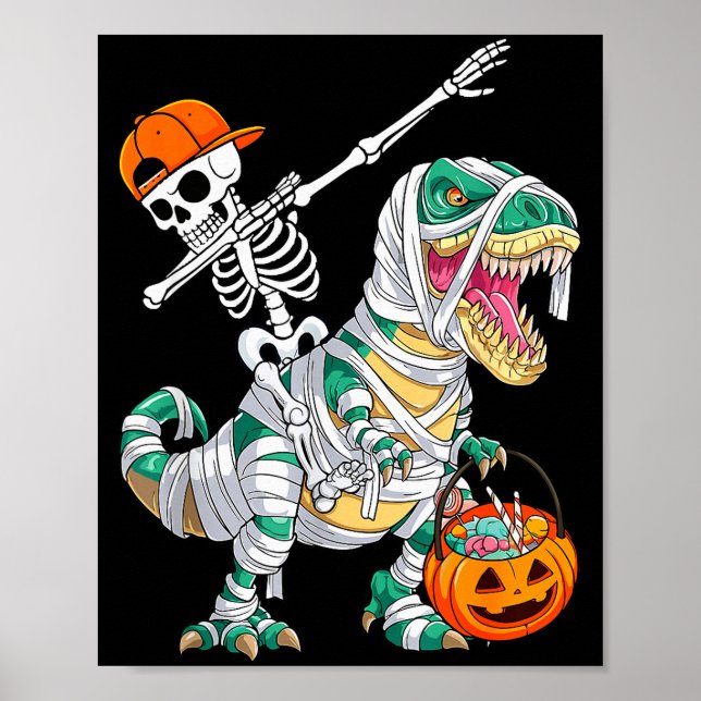 Skeleton Riding Dancing Dab Dinosaur T Rex Hallowe Poster (Vorne)