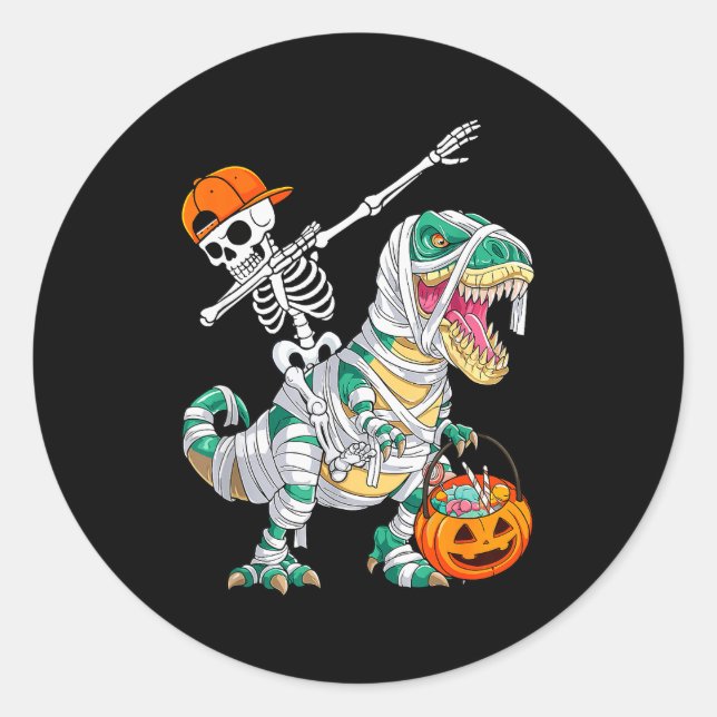 Skeleton Riding Dancing Dab Dinosaur T Rex Hallowe Runder Aufkleber (Vorderseite)